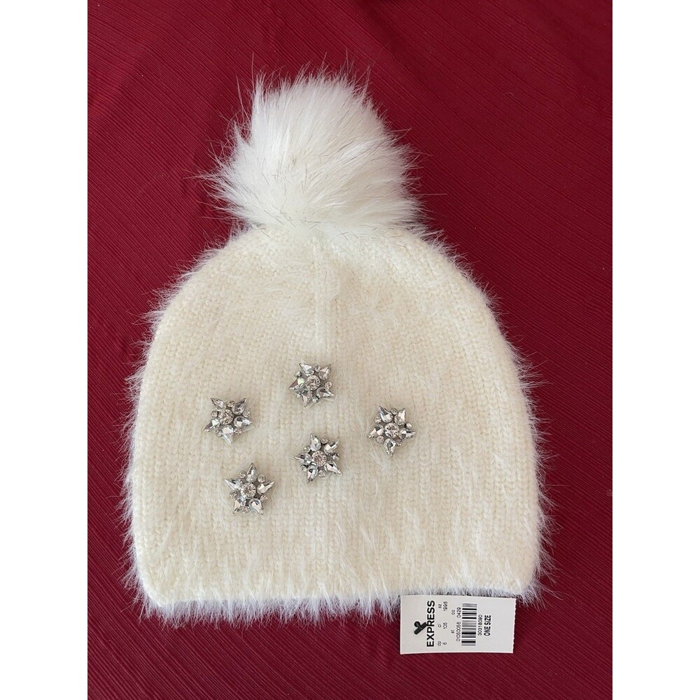Express Rhinestone Star Accents Beanie Cap Cream Pom Pom One Size NWT